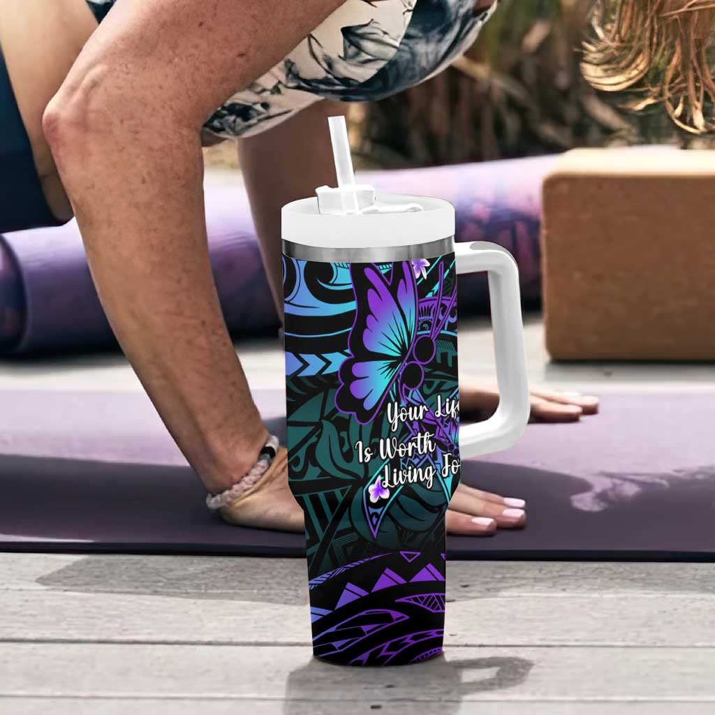 Polynesia Suicide Prevention Awareness Tumbler With Handle Your Life Is Worth Living For Polynesian Purple Pattern LT14 - Polynesian Pride