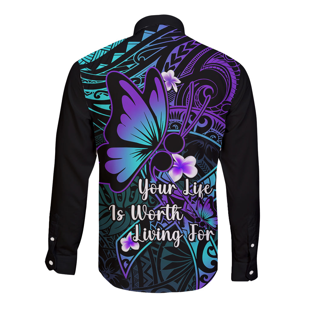 Polynesia Suicide Prevention Awareness Long Sleeve Button Shirt Your Life Is Worth Living For Polynesian Blue Pattern LT14 - Polynesian Pride