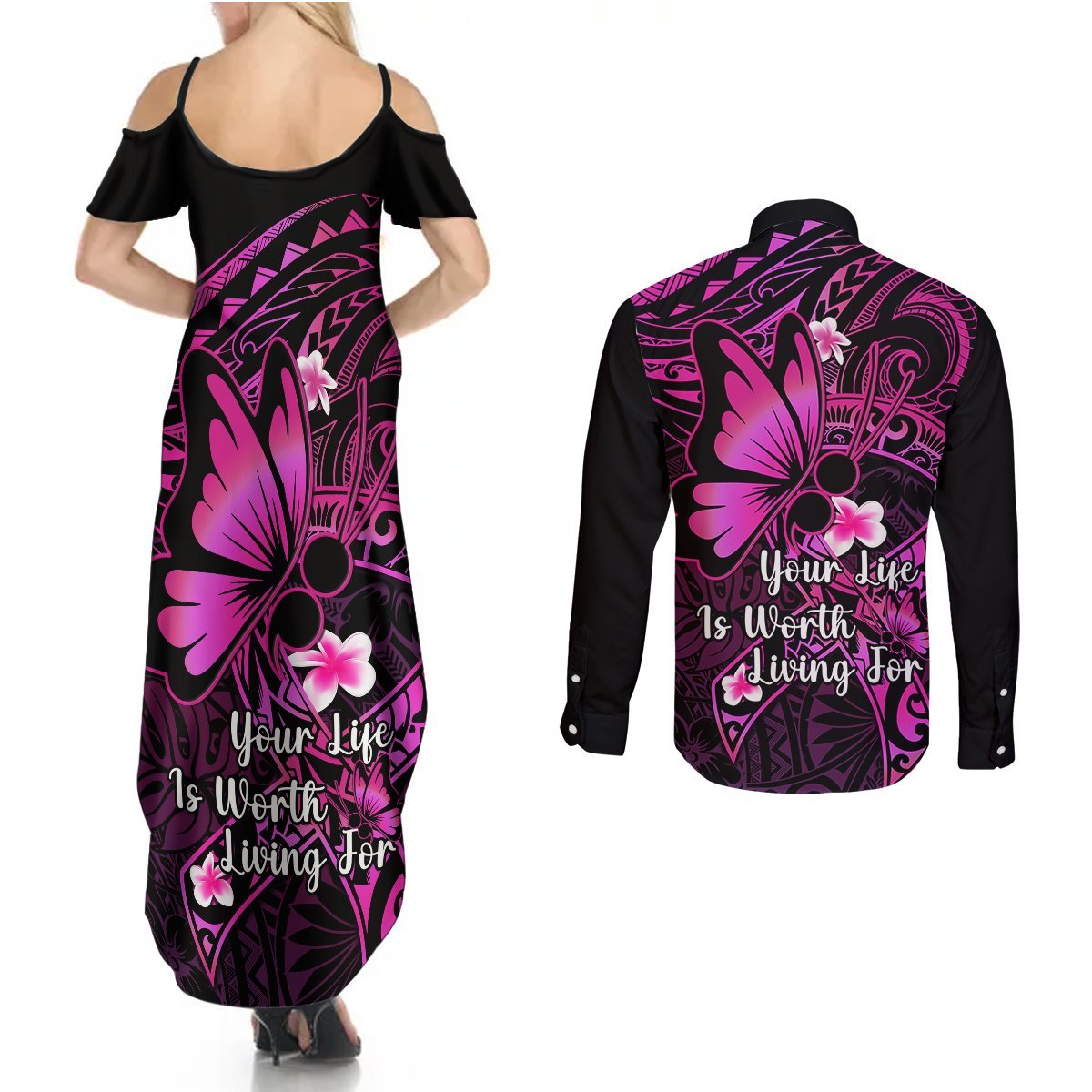 Polynesia Suicide Prevention Awareness Couples Matching Summer Maxi Dress and Long Sleeve Button Shirts Your Life Is Worth Living For Polynesian Pink Pattern LT14 - Polynesian Pride
