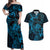 New Zealand Tuatara Couples Matching Off Shoulder Maxi Dress and Hawaiian Shirt Aotearoa Maori Clematis Flowers - Blue