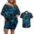 New Zealand Tuatara Couples Matching Off Shoulder Short Dress and Hawaiian Shirt Aotearoa Maori Clematis Flowers - Blue