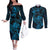 New Zealand Tuatara Couples Matching Off The Shoulder Long Sleeve Dress and Long Sleeve Button Shirt Aotearoa Maori Clematis Flowers - Blue