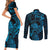 New Zealand Tuatara Couples Matching Short Sleeve Bodycon Dress and Long Sleeve Button Shirt Aotearoa Maori Clematis Flowers - Blue