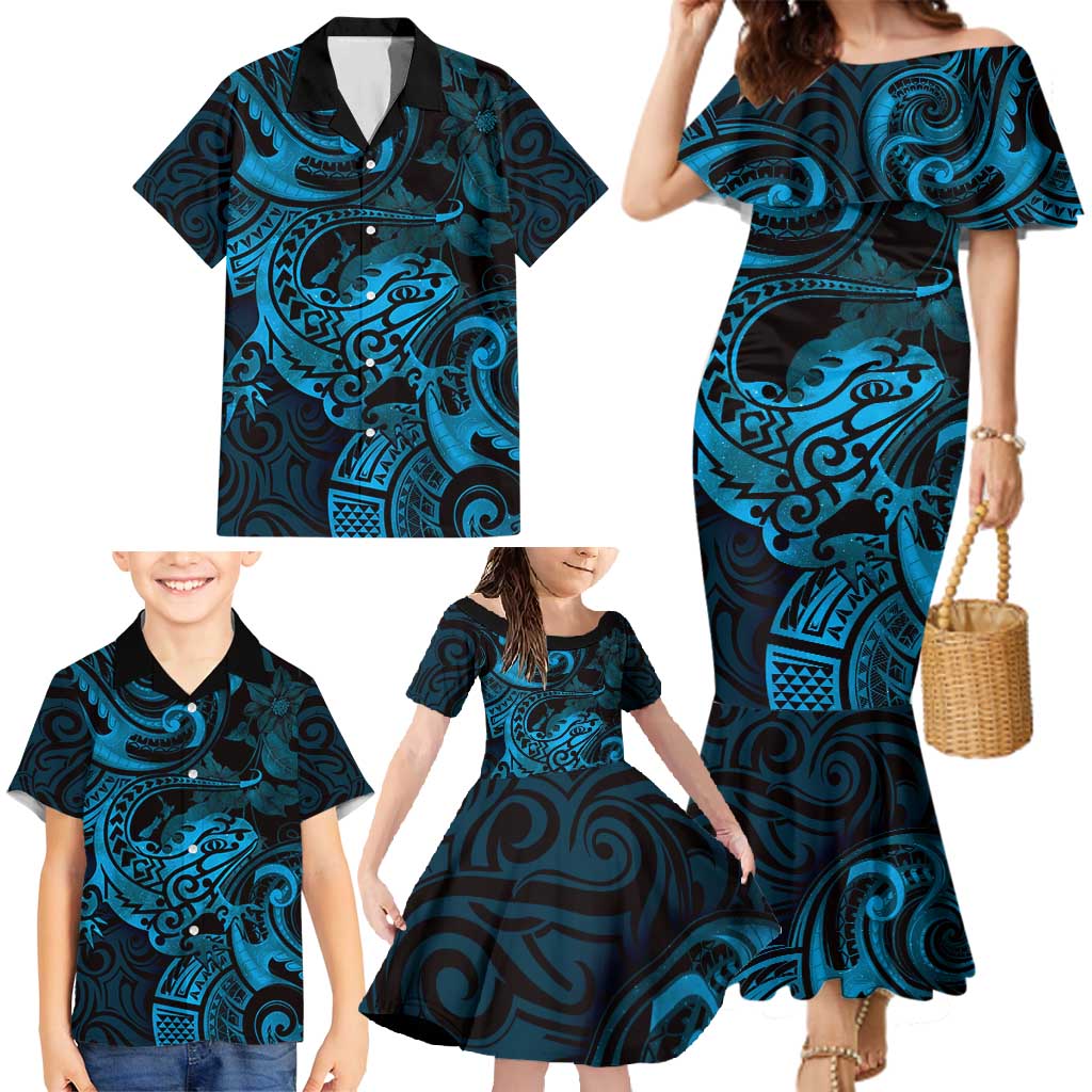 New Zealand Tuatara Family Matching Mermaid Dress and Hawaiian Shirt Aotearoa Maori Clematis Flowers - Blue