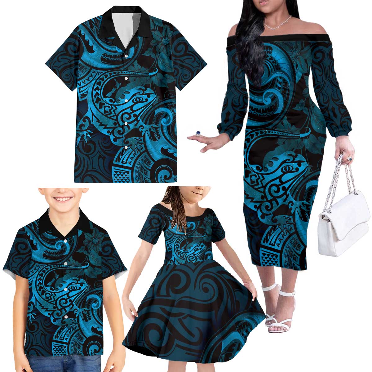 New Zealand Tuatara Family Matching Off The Shoulder Long Sleeve Dress and Hawaiian Shirt Aotearoa Maori Clematis Flowers - Blue