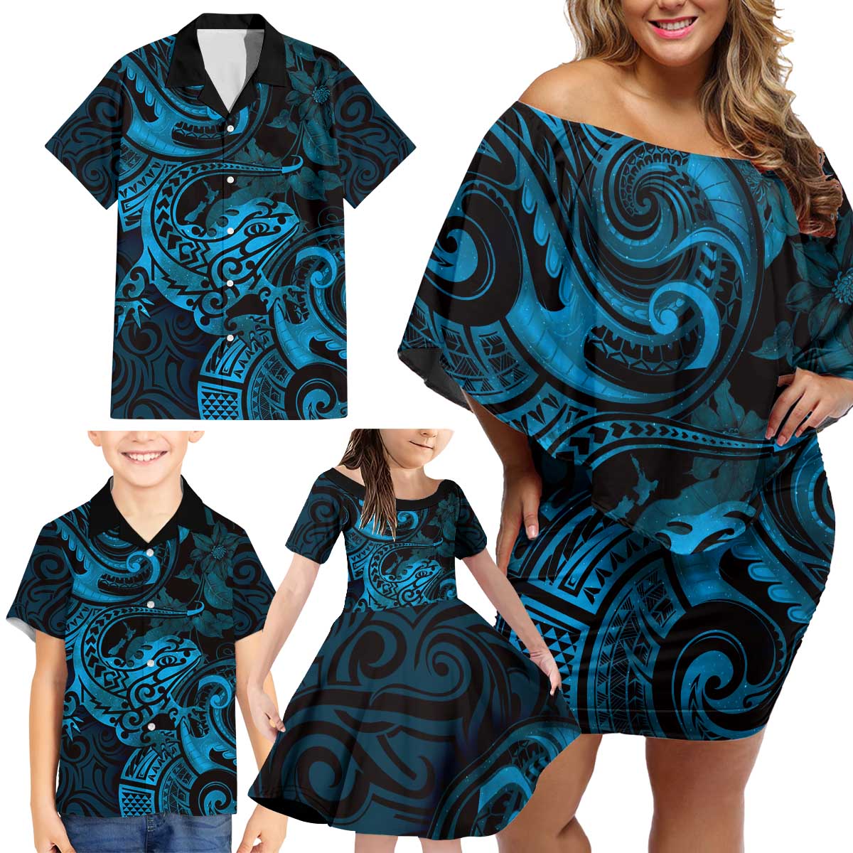 New Zealand Tuatara Family Matching Off Shoulder Short Dress and Hawaiian Shirt Aotearoa Maori Clematis Flowers - Blue