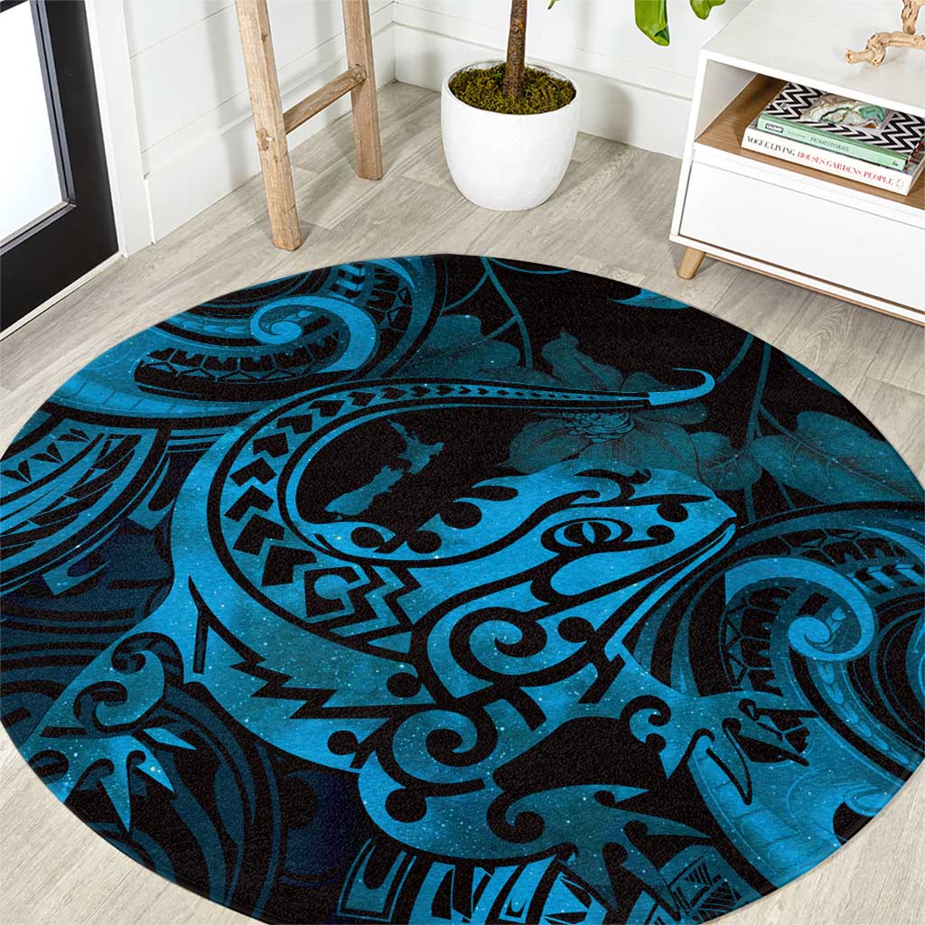 New Zealand Tuatara Round Carpet Aotearoa Maori Clematis Flowers - Blue LT14 Blue - Polynesian Pride