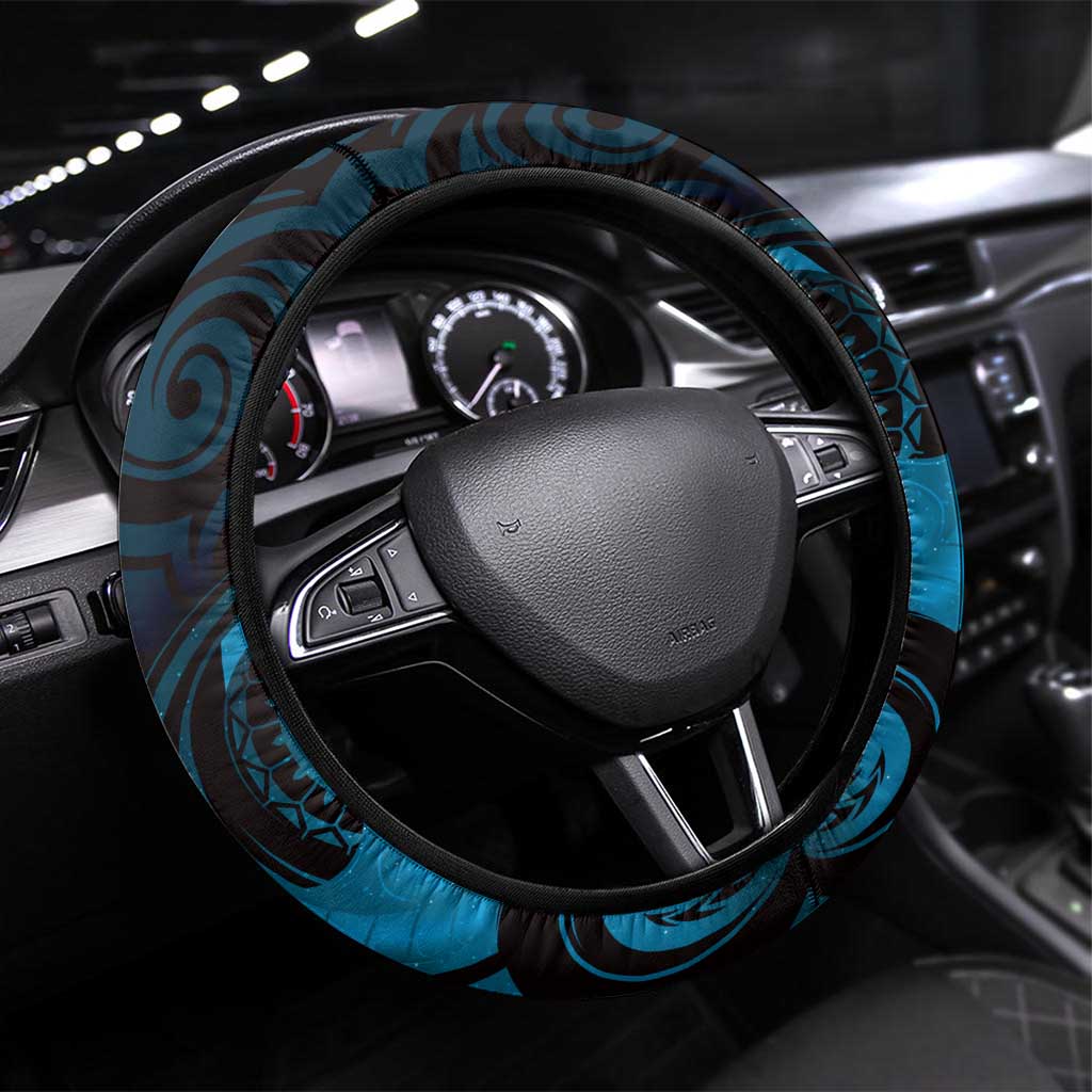 New Zealand Tuatara Steering Wheel Cover Aotearoa Maori Clematis Flowers - Blue