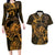 New Zealand Tuatara Couples Matching Long Sleeve Bodycon Dress and Hawaiian Shirt Aotearoa Maori Clematis Flowers - Gold