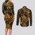 New Zealand Tuatara Couples Matching Long Sleeve Bodycon Dress and Long Sleeve Button Shirt Aotearoa Maori Clematis Flowers - Gold