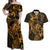 New Zealand Tuatara Couples Matching Off Shoulder Maxi Dress and Hawaiian Shirt Aotearoa Maori Clematis Flowers - Gold