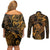 New Zealand Tuatara Couples Matching Off Shoulder Short Dress and Long Sleeve Button Shirt Aotearoa Maori Clematis Flowers - Gold