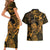 New Zealand Tuatara Couples Matching Short Sleeve Bodycon Dress and Hawaiian Shirt Aotearoa Maori Clematis Flowers - Gold