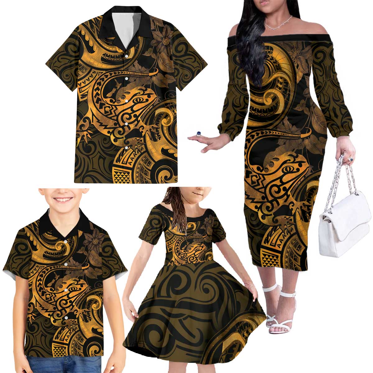 New Zealand Tuatara Family Matching Off The Shoulder Long Sleeve Dress and Hawaiian Shirt Aotearoa Maori Clematis Flowers - Gold