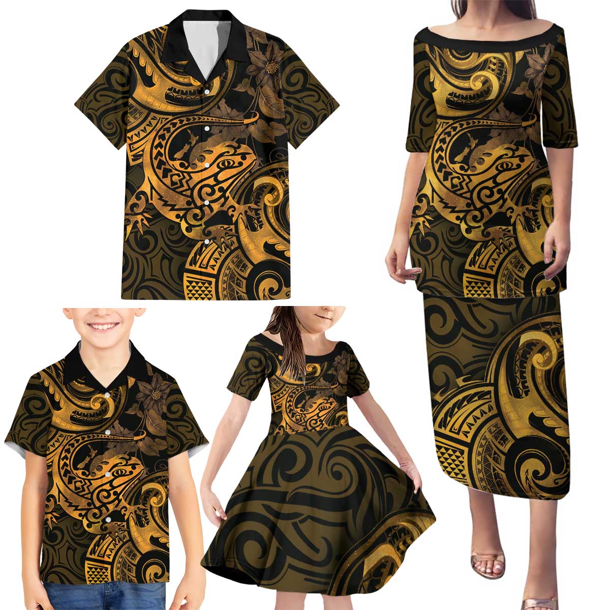 New Zealand Tuatara Family Matching Puletasi and Hawaiian Shirt Aotearoa Maori Clematis Flowers - Gold