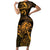 New Zealand Tuatara Family Matching Short Sleeve Bodycon Dress and Hawaiian Shirt Aotearoa Maori Clematis Flowers - Gold