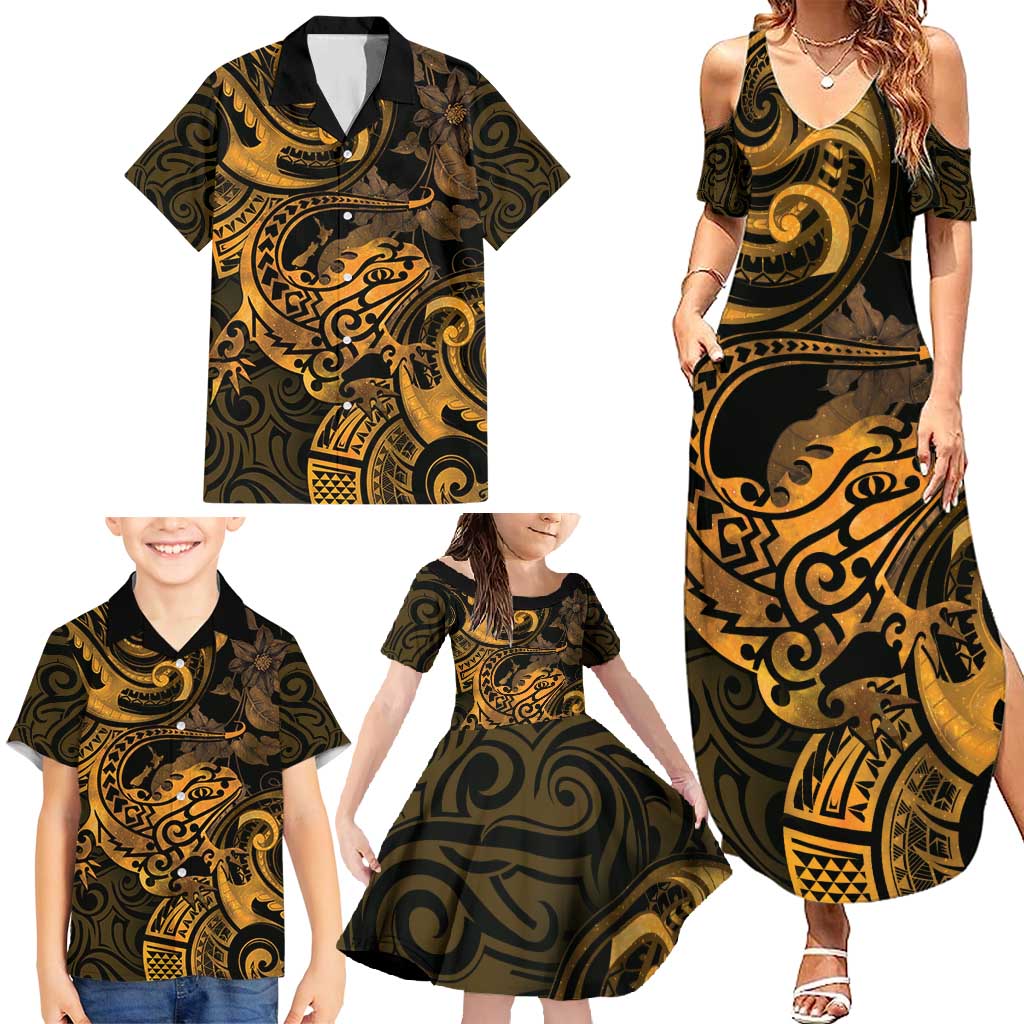 New Zealand Tuatara Family Matching Summer Maxi Dress and Hawaiian Shirt Aotearoa Maori Clematis Flowers - Gold