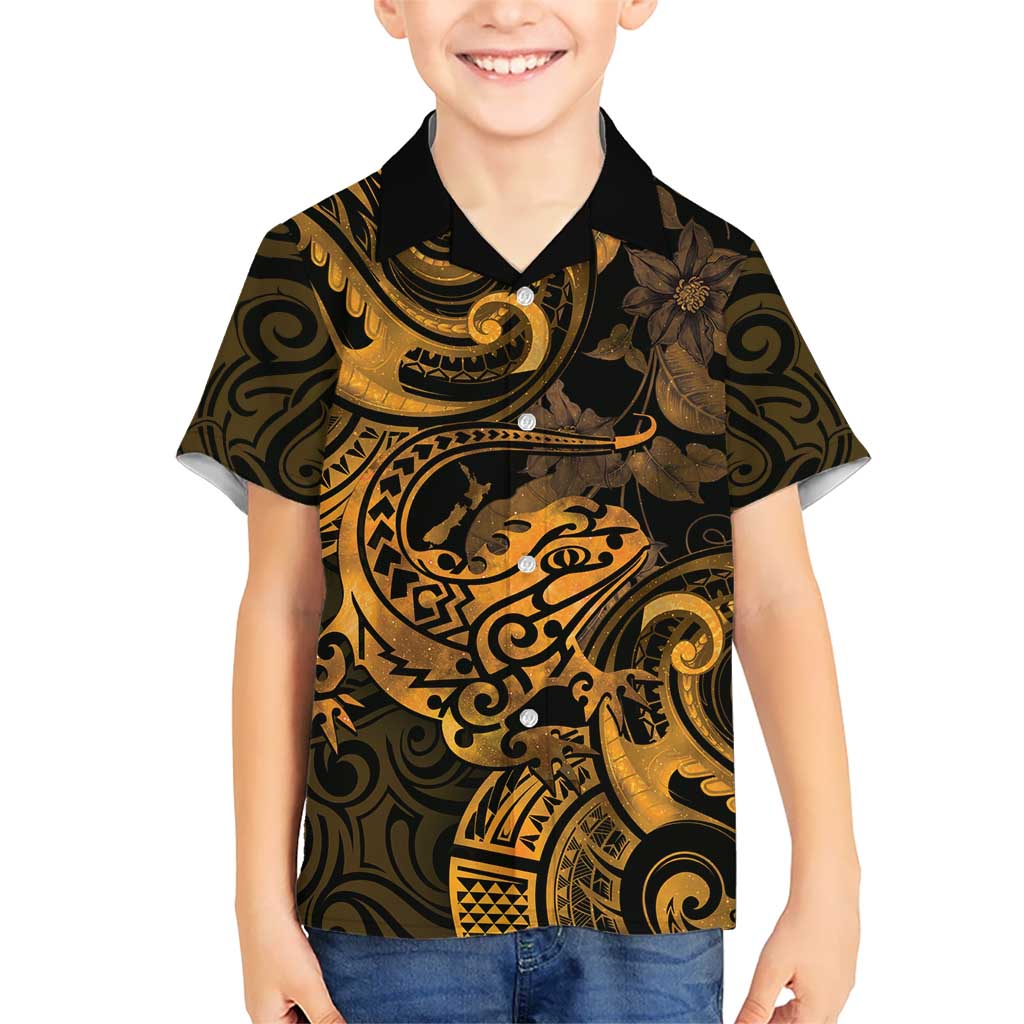 New Zealand Tuatara Kid Hawaiian Shirt Aotearoa Maori Clematis Flowers - Gold