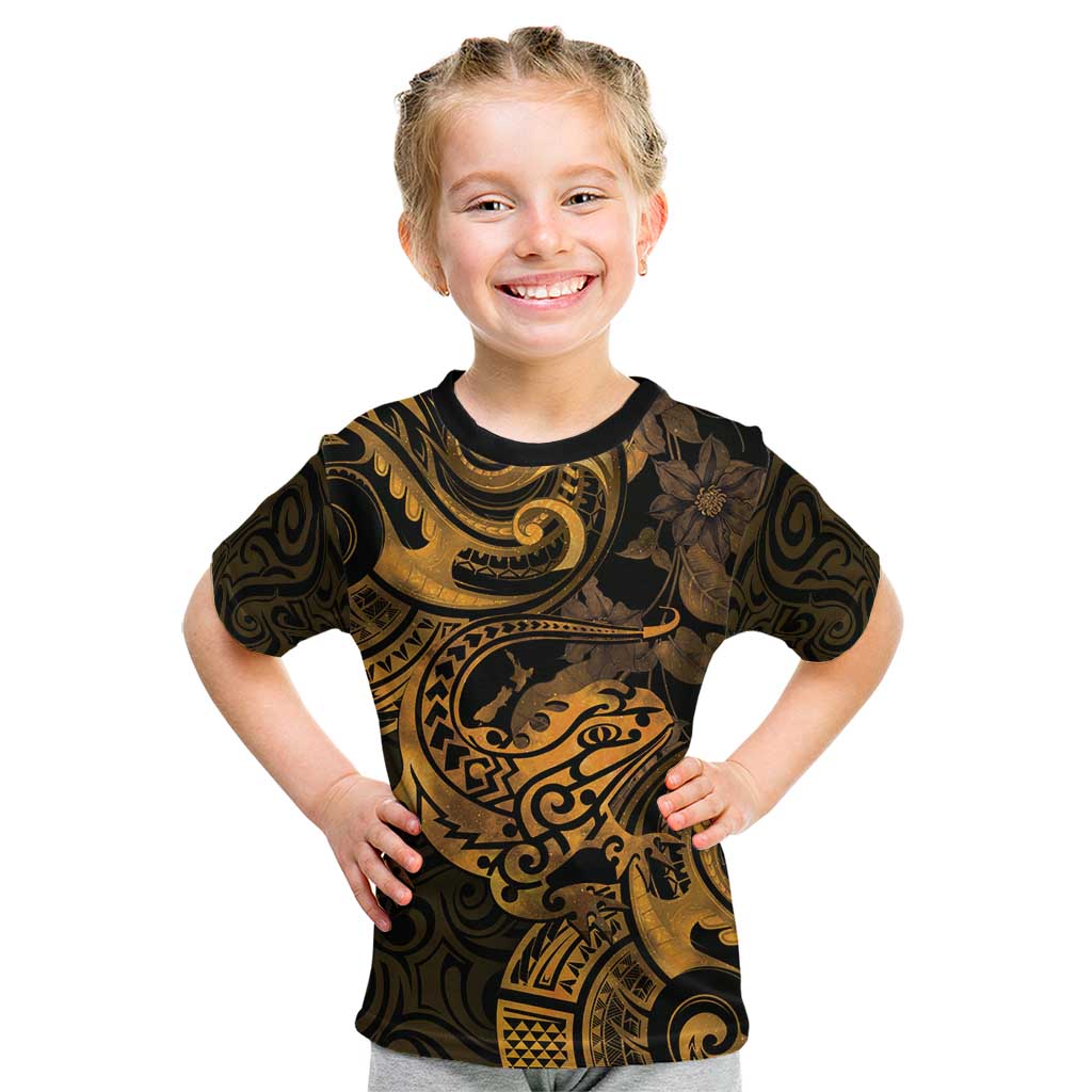 New Zealand Tuatara Kid T Shirt Aotearoa Maori Clematis Flowers - Gold