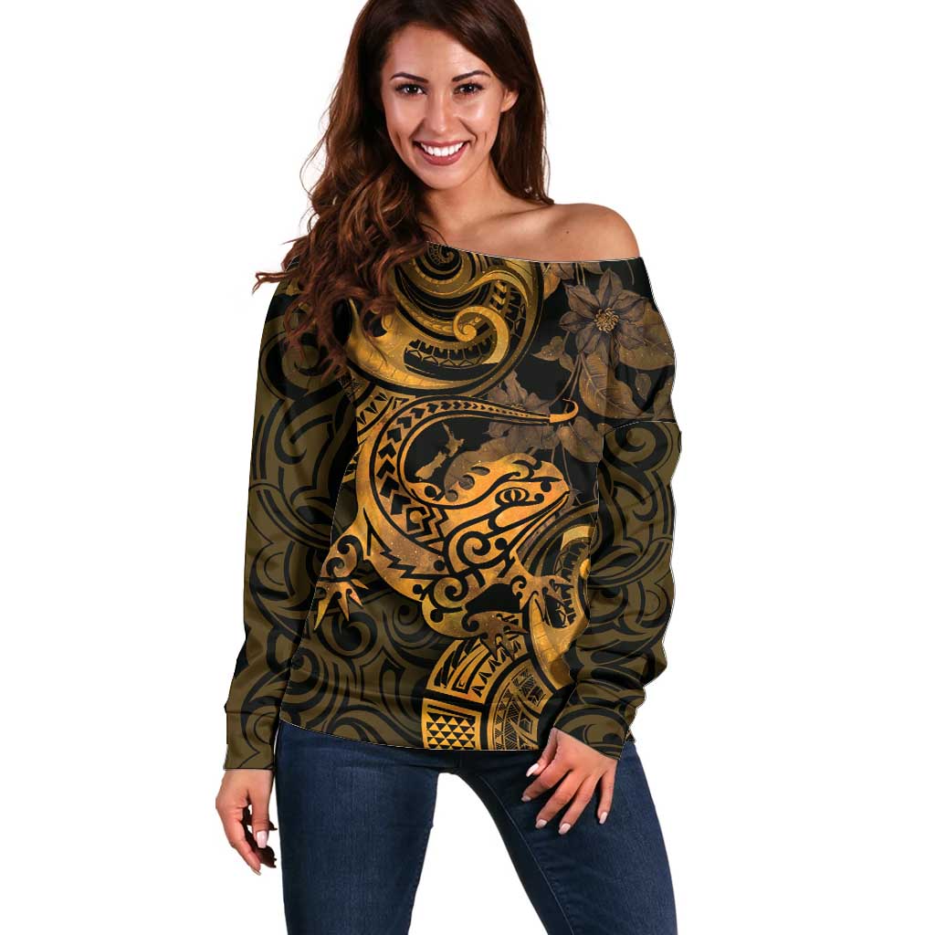 New Zealand Tuatara Off Shoulder Sweater Aotearoa Maori Clematis Flowers - Gold LT14 Women Gold - Polynesian Pride