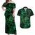 New Zealand Tuatara Couples Matching Off Shoulder Maxi Dress and Hawaiian Shirt Aotearoa Maori Clematis Flowers - Green