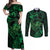 New Zealand Tuatara Couples Matching Off Shoulder Maxi Dress and Long Sleeve Button Shirt Aotearoa Maori Clematis Flowers - Green