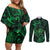 New Zealand Tuatara Couples Matching Off Shoulder Short Dress and Long Sleeve Button Shirt Aotearoa Maori Clematis Flowers - Green