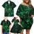 New Zealand Tuatara Family Matching Off Shoulder Short Dress and Hawaiian Shirt Aotearoa Maori Clematis Flowers - Green