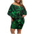 New Zealand Tuatara Family Matching Off Shoulder Short Dress and Hawaiian Shirt Aotearoa Maori Clematis Flowers - Green