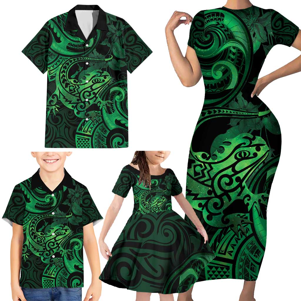 New Zealand Tuatara Family Matching Short Sleeve Bodycon Dress and Hawaiian Shirt Aotearoa Maori Clematis Flowers - Green