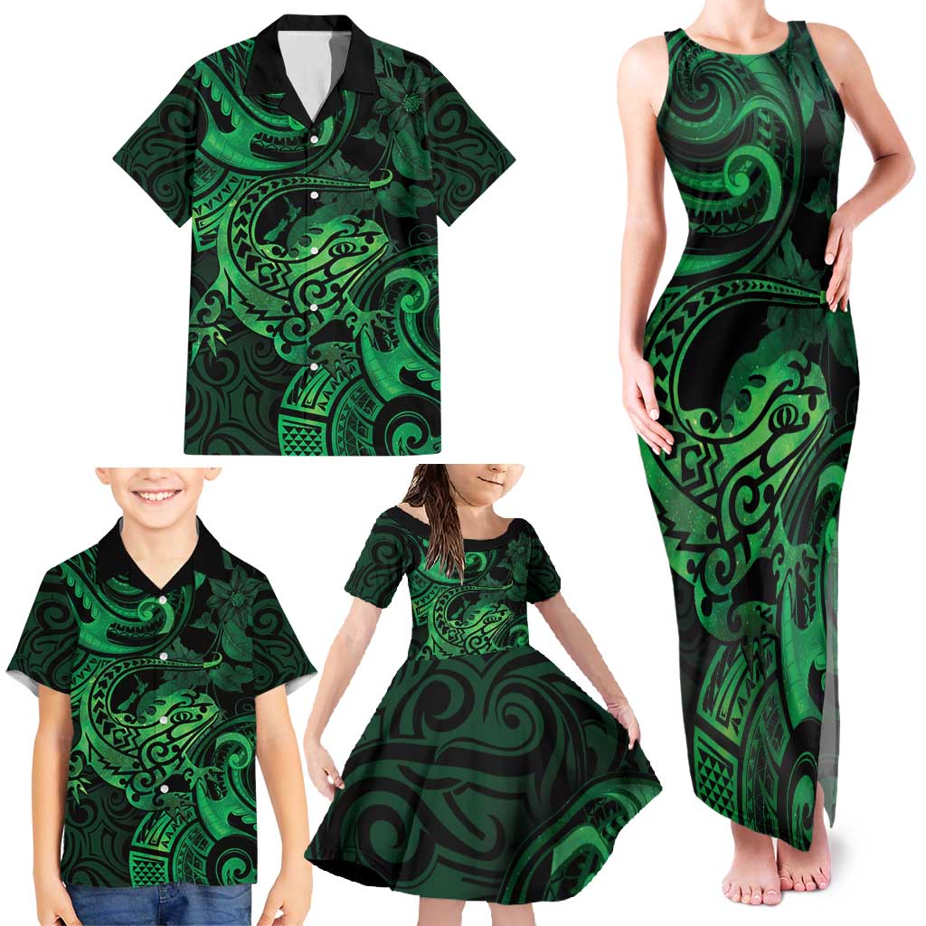 New Zealand Tuatara Family Matching Tank Maxi Dress and Hawaiian Shirt Aotearoa Maori Clematis Flowers - Green