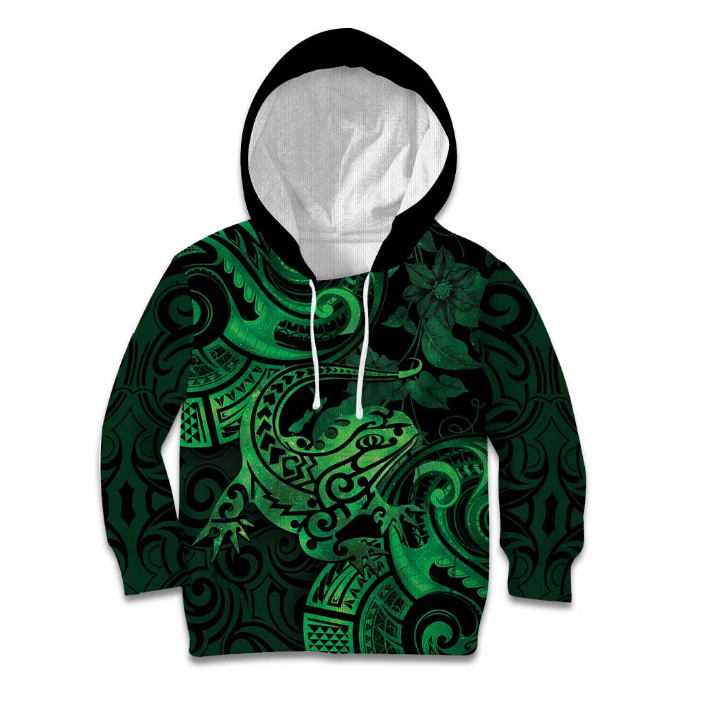 New Zealand Tuatara Kid Hoodie Aotearoa Maori Clematis Flowers - Green