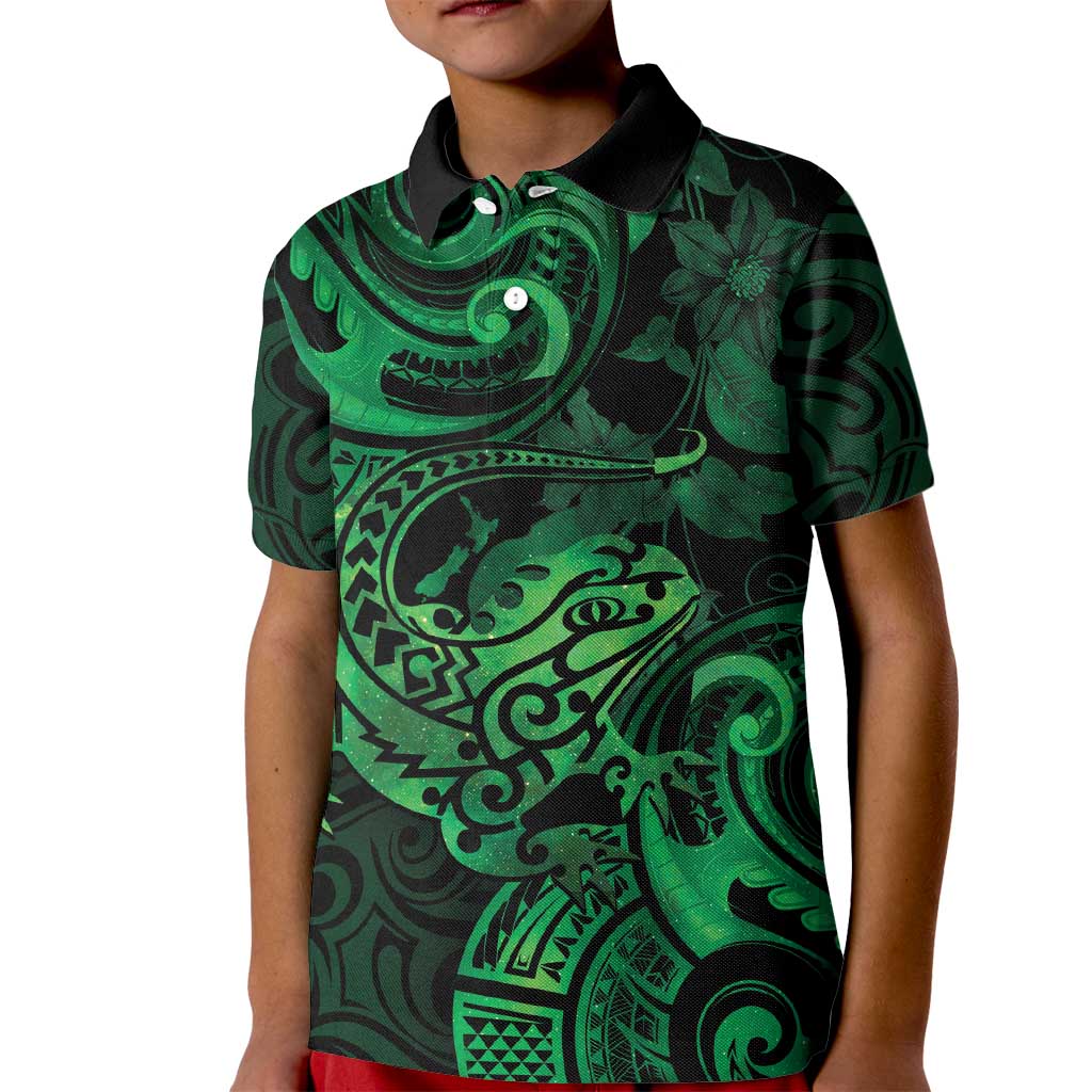 New Zealand Tuatara Kid Polo Shirt Aotearoa Maori Clematis Flowers - Green