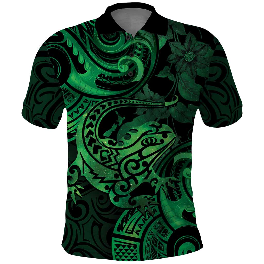 New Zealand Tuatara Polo Shirt Aotearoa Maori Clematis Flowers - Green LT14 Green - Polynesian Pride
