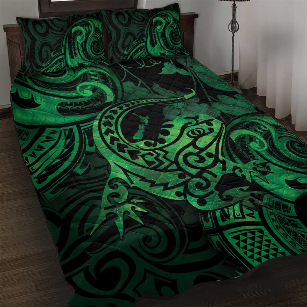 New Zealand Tuatara Quilt Bed Set Aotearoa Maori Clematis Flowers - Green