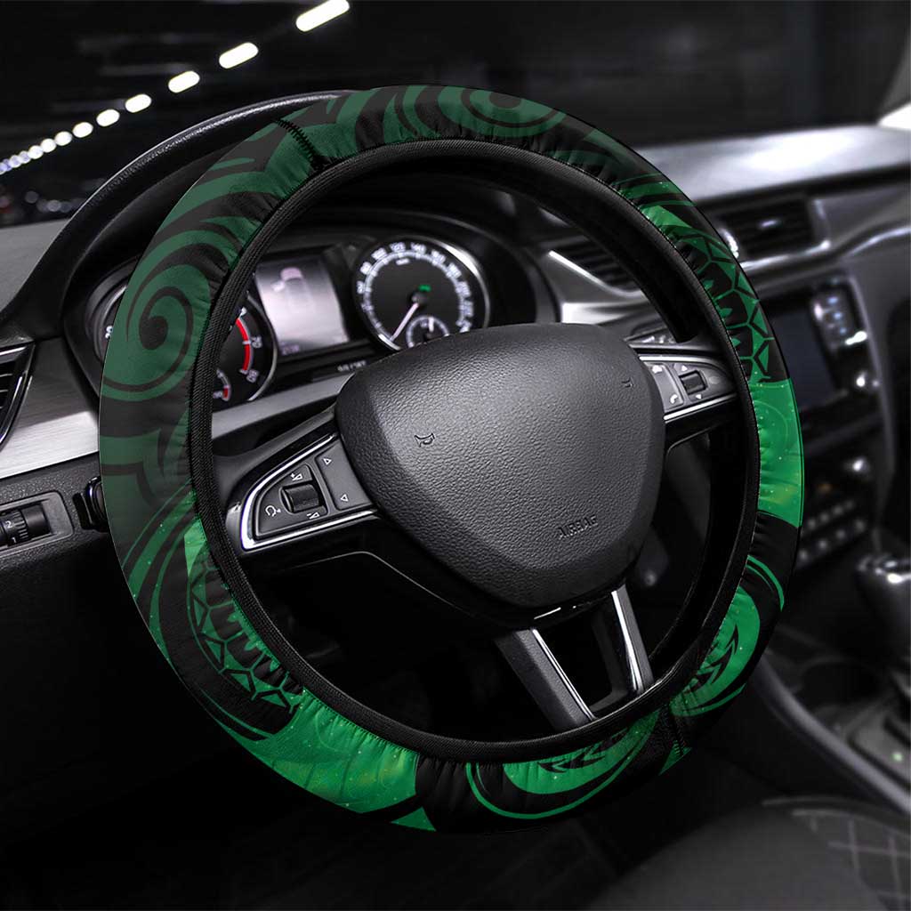 New Zealand Tuatara Steering Wheel Cover Aotearoa Maori Clematis Flowers - Green