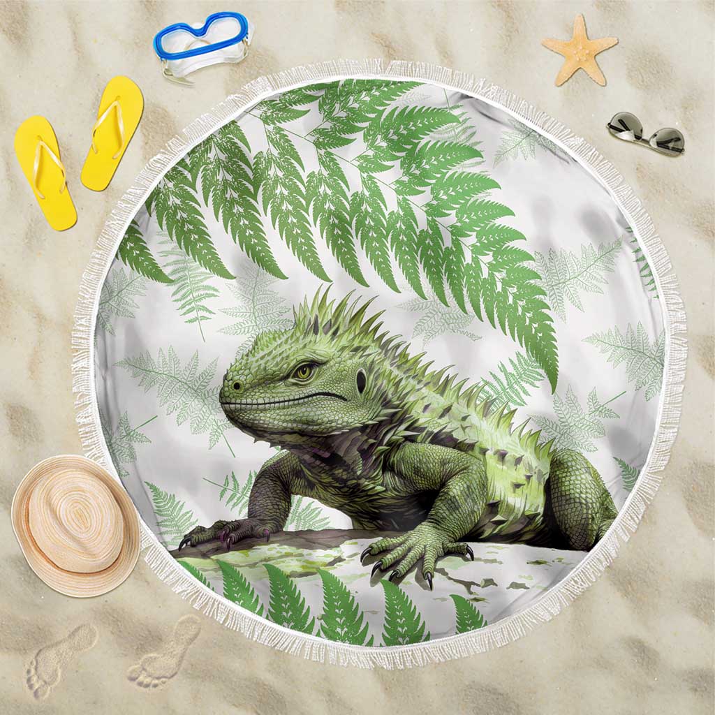 Green New Zealand Tuatara Beach Blanket Aotearoa Sphenodon Punctatus Silver Fern