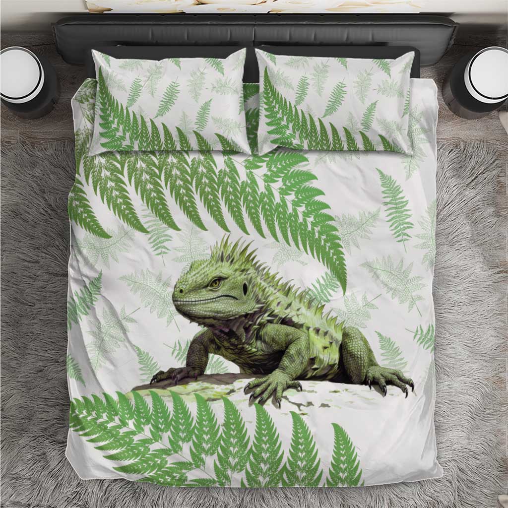 Green New Zealand Tuatara Bedding Set Aotearoa Sphenodon Punctatus Silver Fern