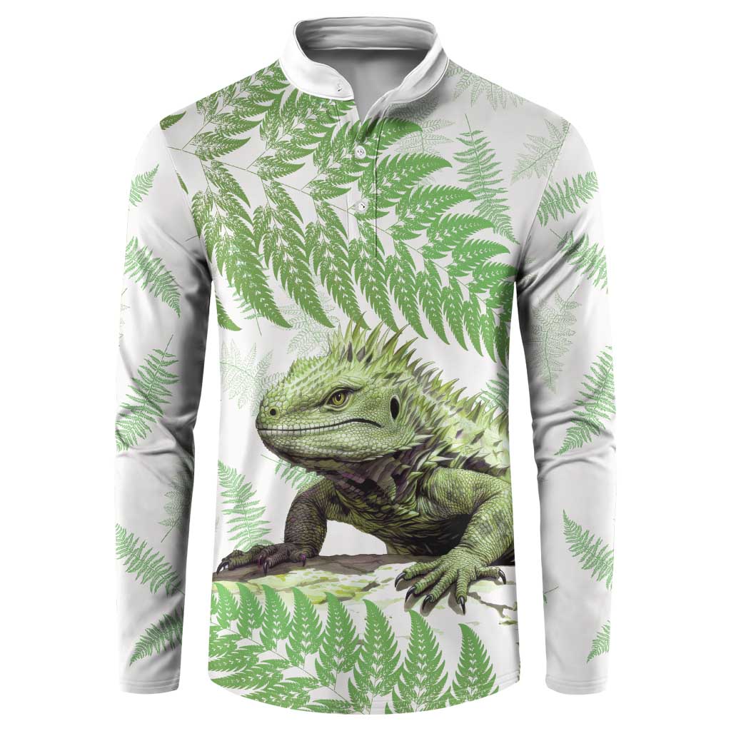 Green New Zealand Tuatara Button Sweatshirt Aotearoa Sphenodon Punctatus Silver Fern