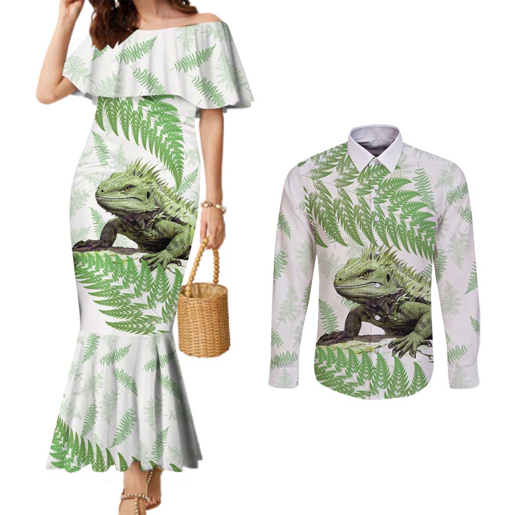 Green New Zealand Tuatara Couples Matching Mermaid Dress and Long Sleeve Button Shirt Aotearoa Sphenodon Punctatus Silver Fern