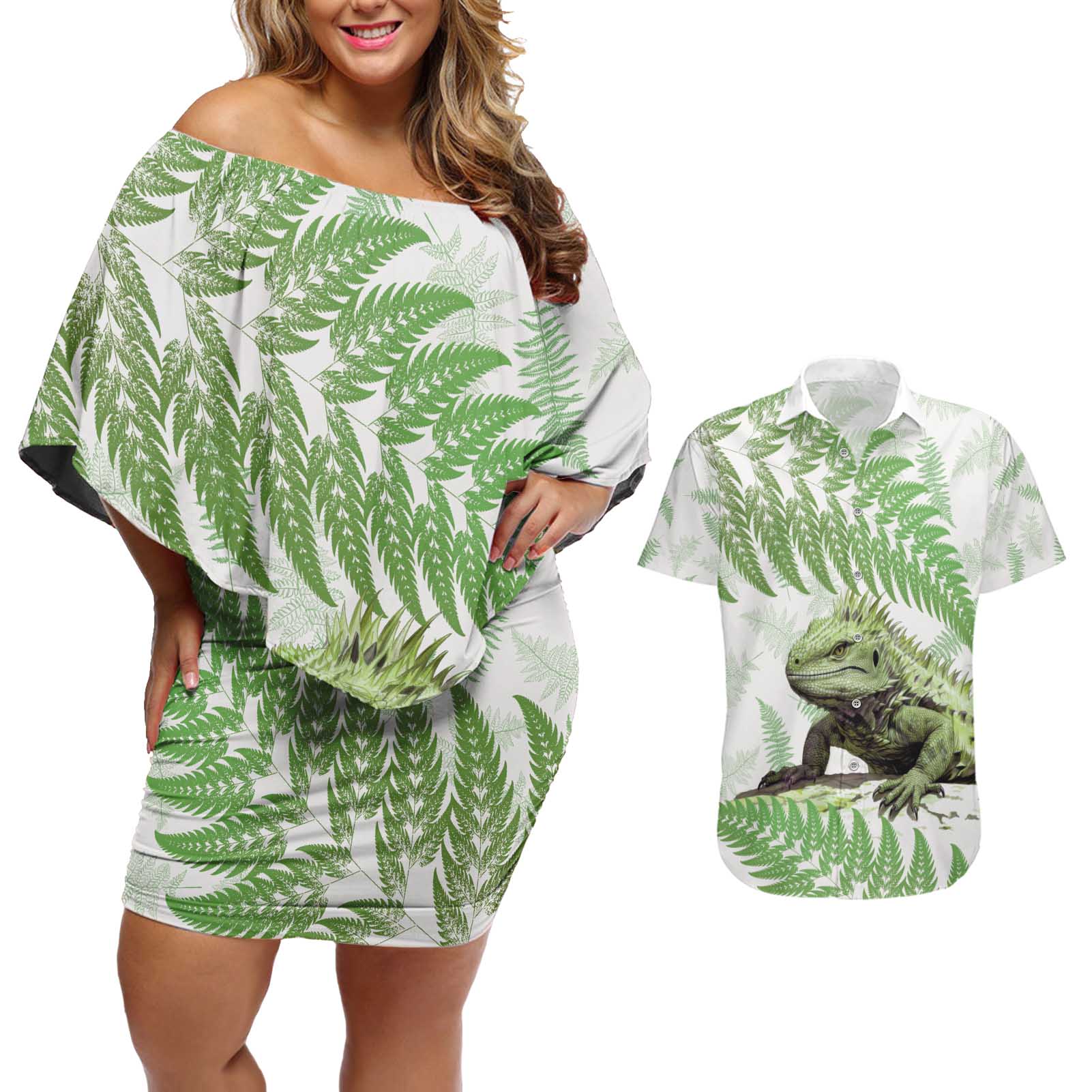 Green New Zealand Tuatara Couples Matching Off Shoulder Short Dress and Hawaiian Shirt Aotearoa Sphenodon Punctatus Silver Fern