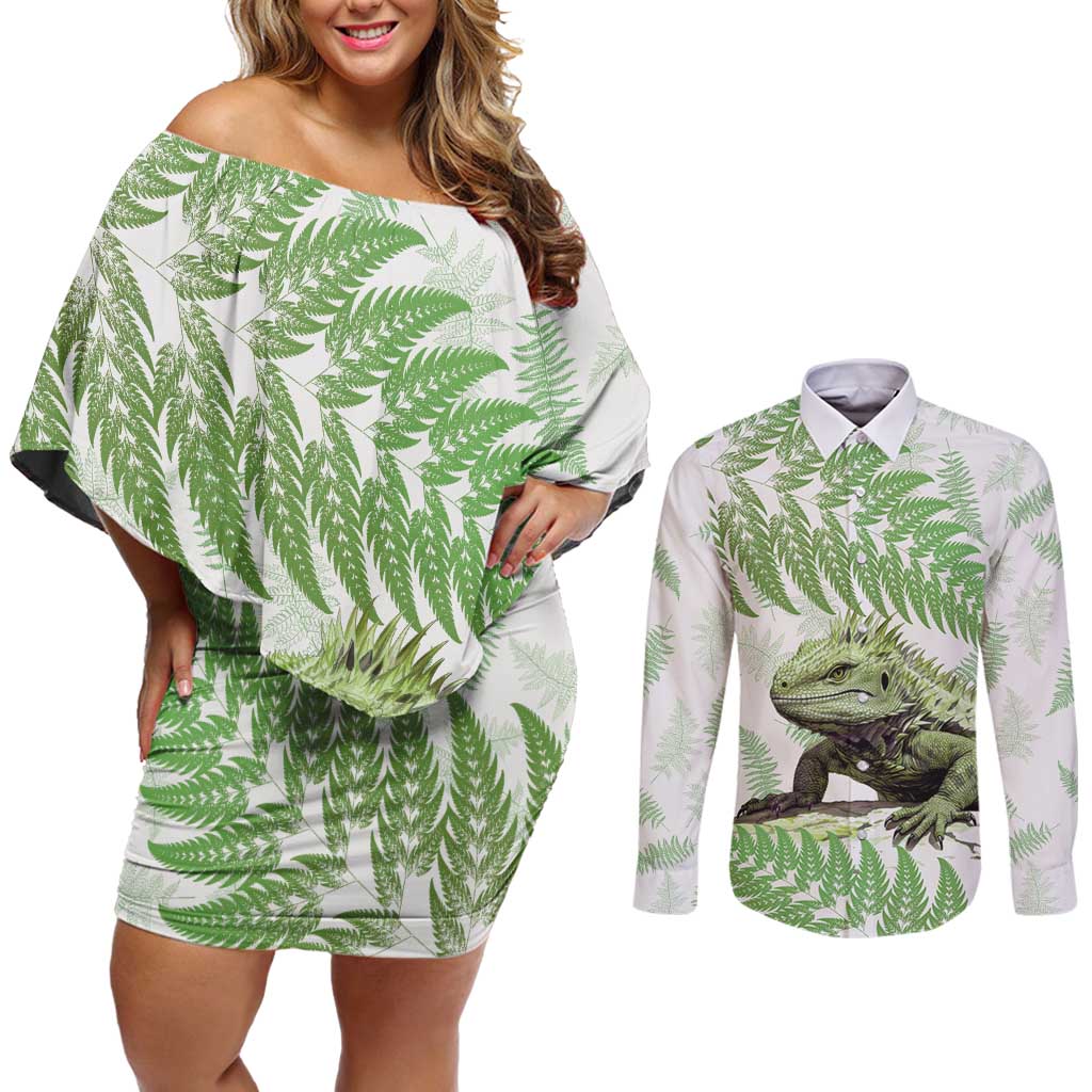 Green New Zealand Tuatara Couples Matching Off Shoulder Short Dress and Long Sleeve Button Shirt Aotearoa Sphenodon Punctatus Silver Fern