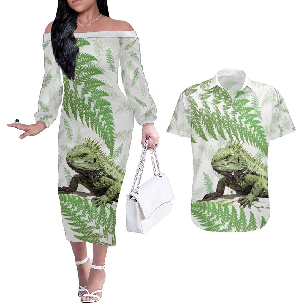 Green New Zealand Tuatara Couples Matching Off The Shoulder Long Sleeve Dress and Hawaiian Shirt Aotearoa Sphenodon Punctatus Silver Fern