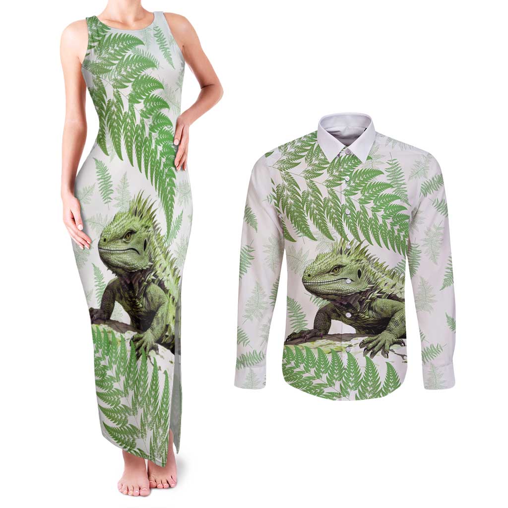 Green New Zealand Tuatara Couples Matching Tank Maxi Dress and Long Sleeve Button Shirt Aotearoa Sphenodon Punctatus Silver Fern