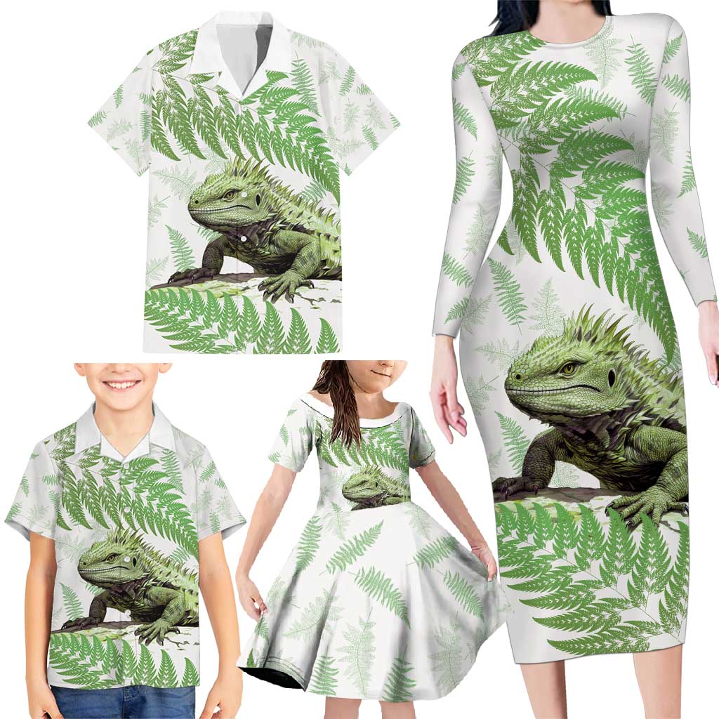 Green New Zealand Tuatara Family Matching Long Sleeve Bodycon Dress and Hawaiian Shirt Aotearoa Sphenodon Punctatus Silver Fern