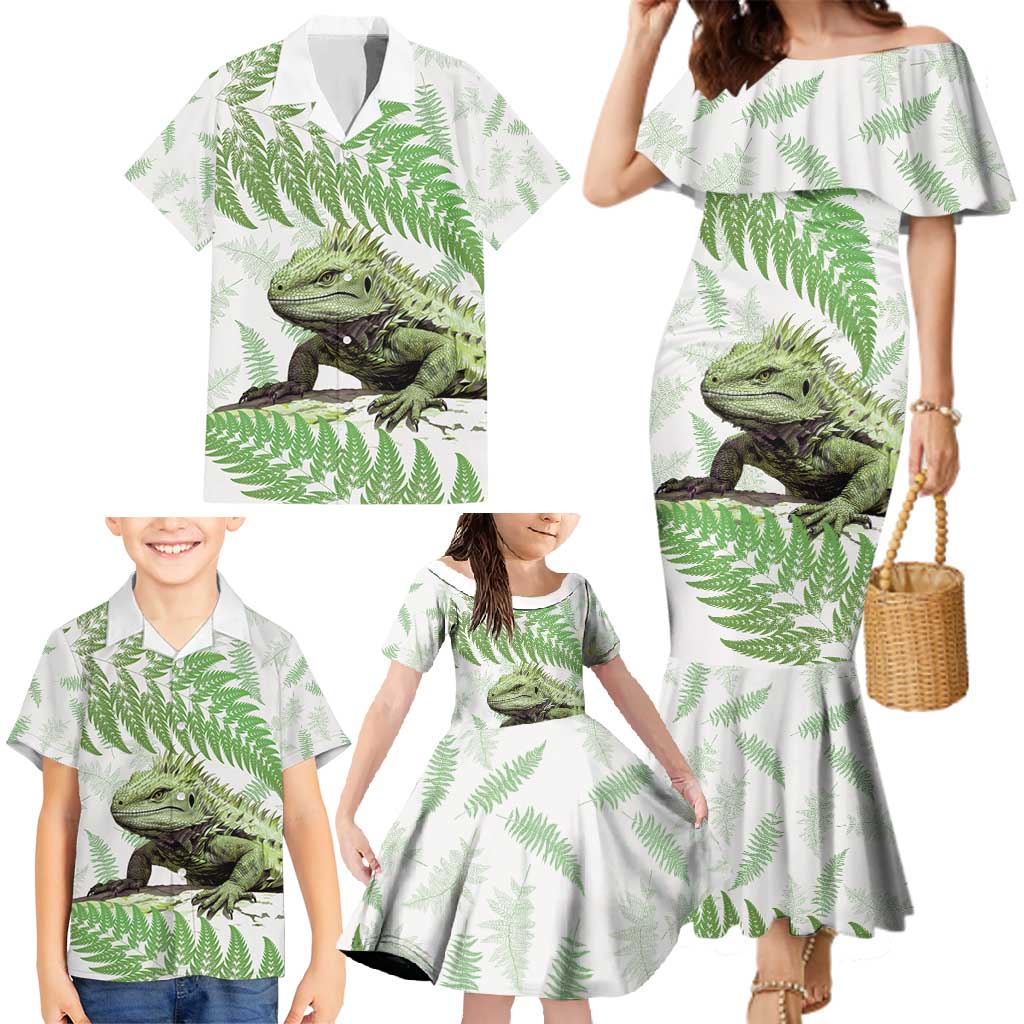 Green New Zealand Tuatara Family Matching Mermaid Dress and Hawaiian Shirt Aotearoa Sphenodon Punctatus Silver Fern