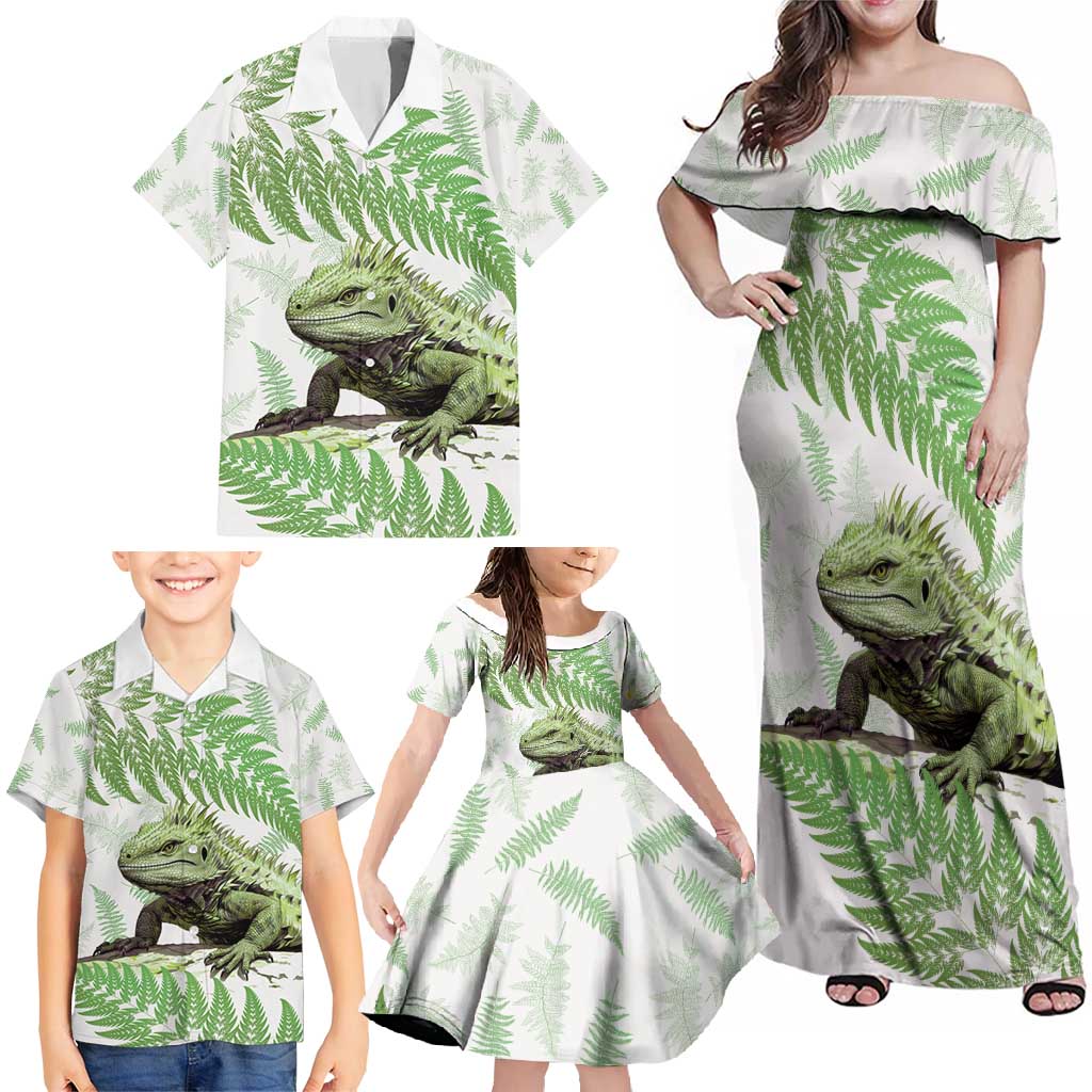 Green New Zealand Tuatara Family Matching Off Shoulder Maxi Dress and Hawaiian Shirt Aotearoa Sphenodon Punctatus Silver Fern