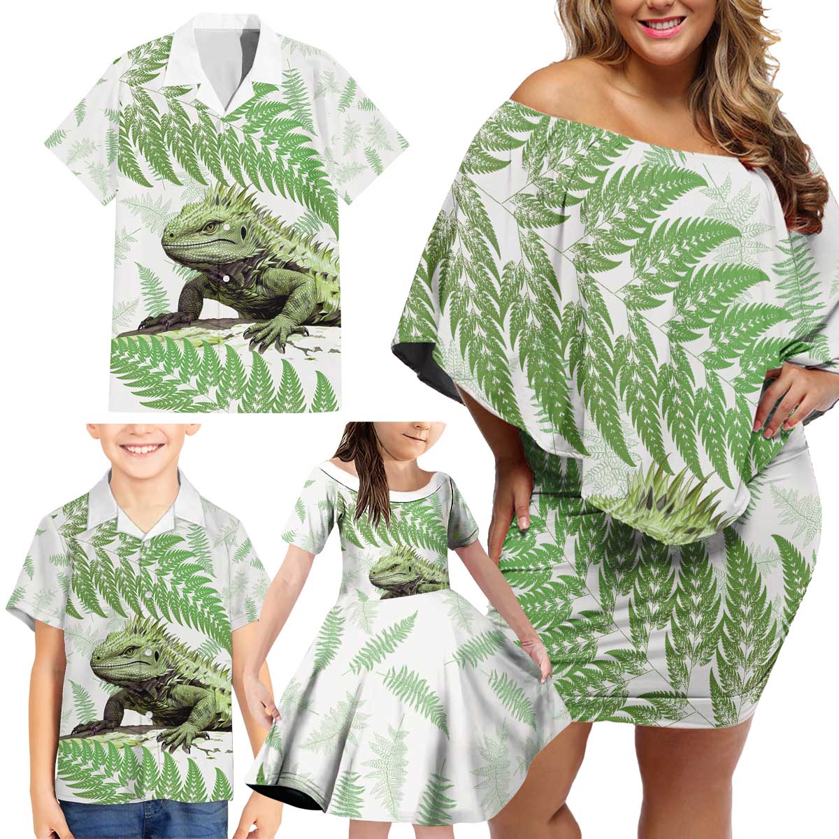 Green New Zealand Tuatara Family Matching Off Shoulder Short Dress and Hawaiian Shirt Aotearoa Sphenodon Punctatus Silver Fern