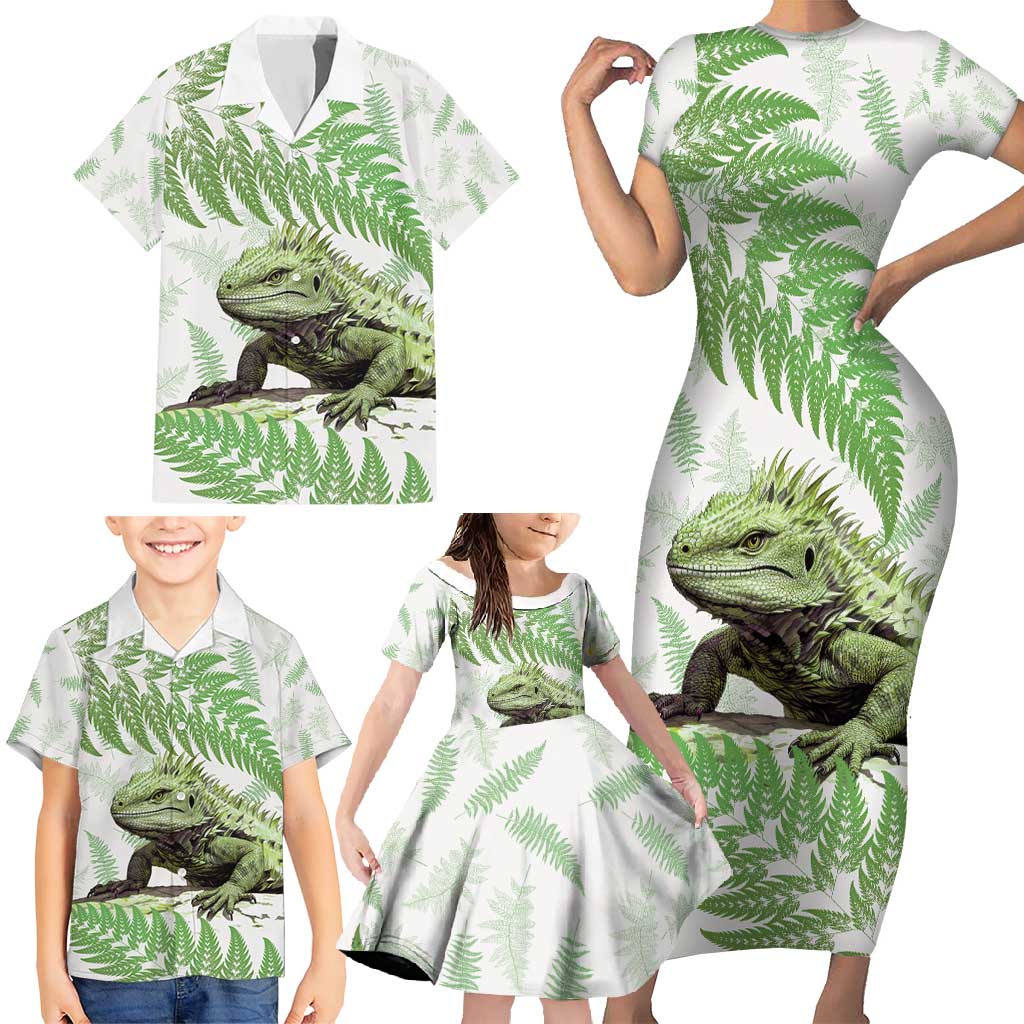 Green New Zealand Tuatara Family Matching Short Sleeve Bodycon Dress and Hawaiian Shirt Aotearoa Sphenodon Punctatus Silver Fern