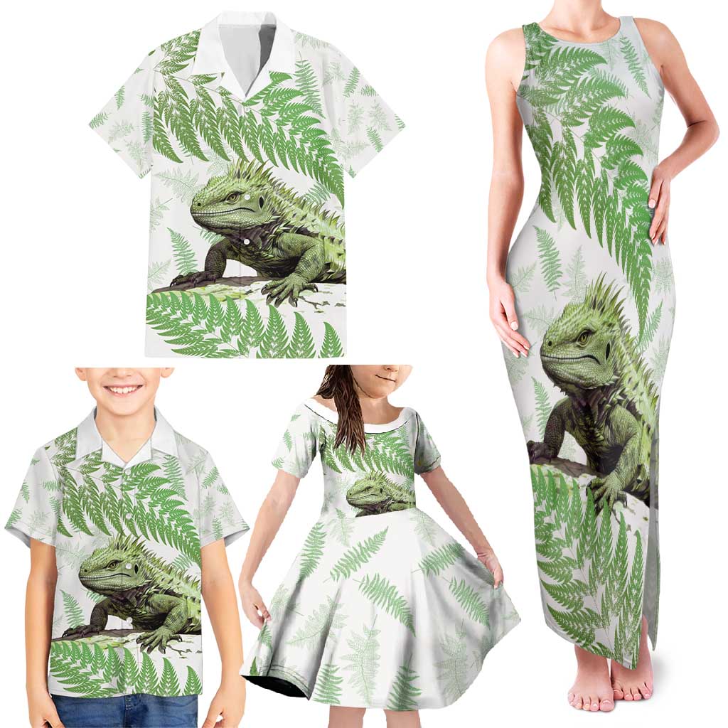 Green New Zealand Tuatara Family Matching Tank Maxi Dress and Hawaiian Shirt Aotearoa Sphenodon Punctatus Silver Fern